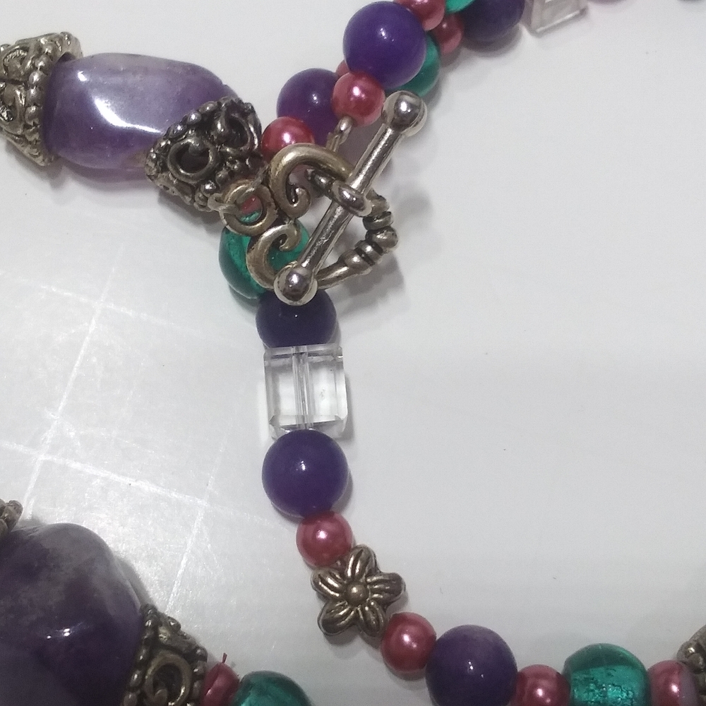 Pink, Green & Purple Beaded Necklace - Picture 7 of 9